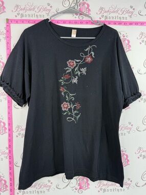 Anvil tshirt braided sleeve Black Short Sleeve Tee with Rhinestone Floral Accent